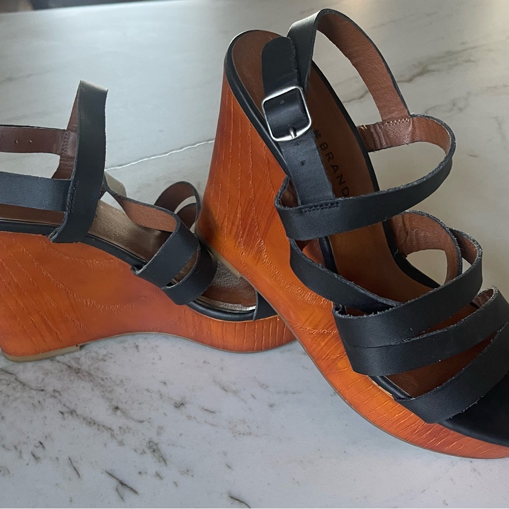 Lucky Brand Black Leather Upper Strappy Wedge